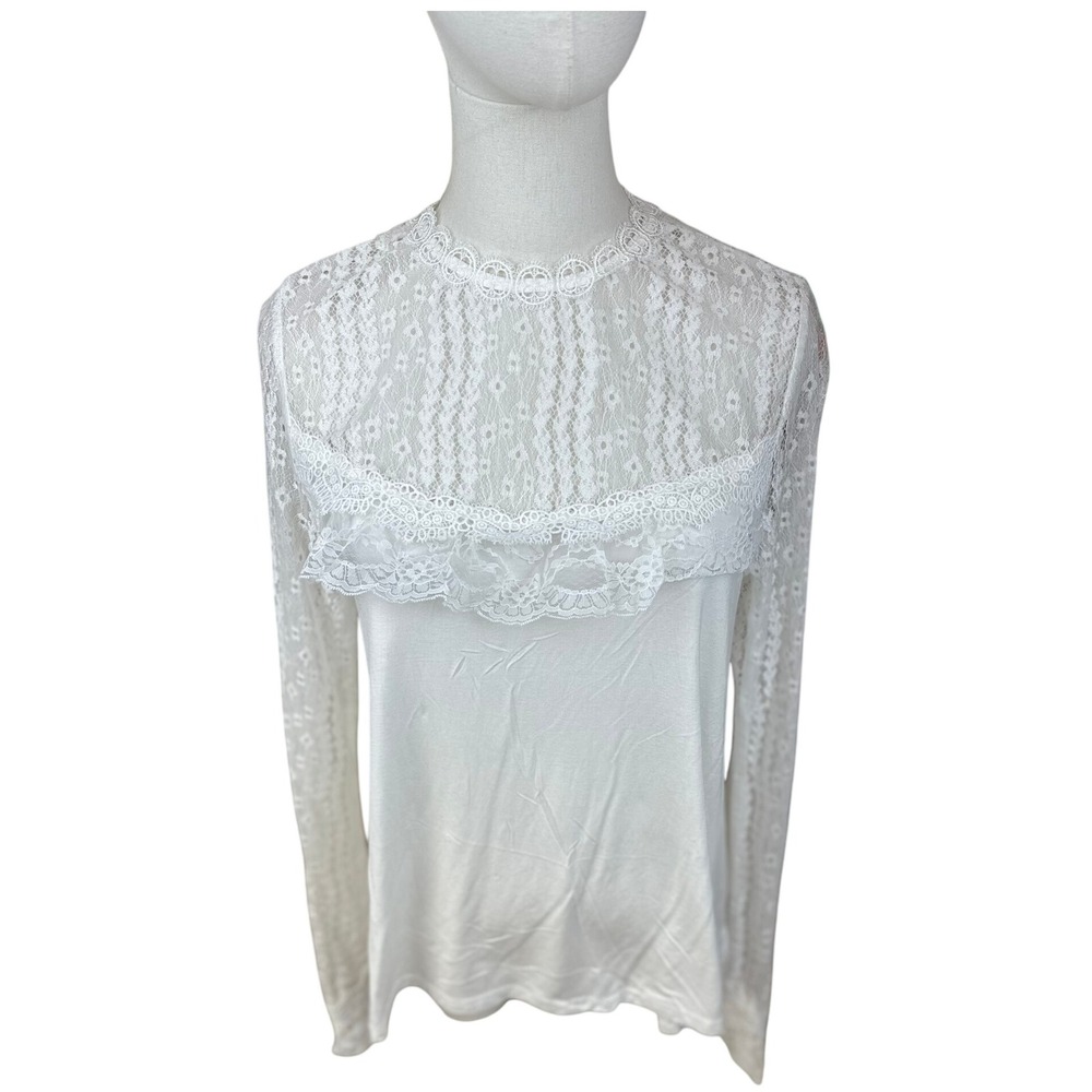Pols NWOT SZ SM White Lace Trimmed Sheer‎ Sleeve Mock Neck Blouse Top